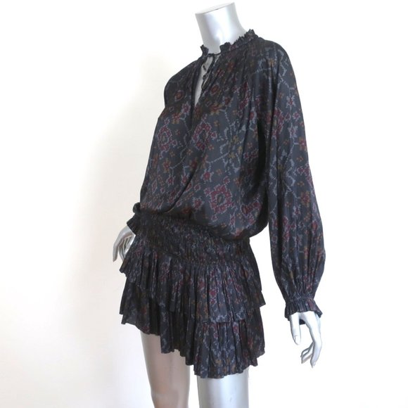 ULLA JOHNSON MINI DRESS PIERA CHARCOAL PRINTED PLEATED SATIN SIZE 2 LONG SLEEVE - Picture 4 of 8